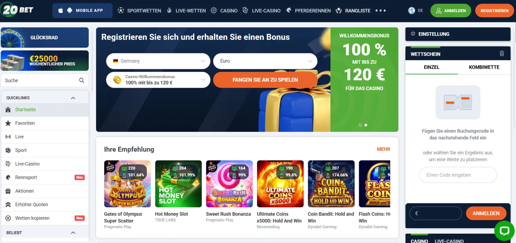 20Bet casino screen