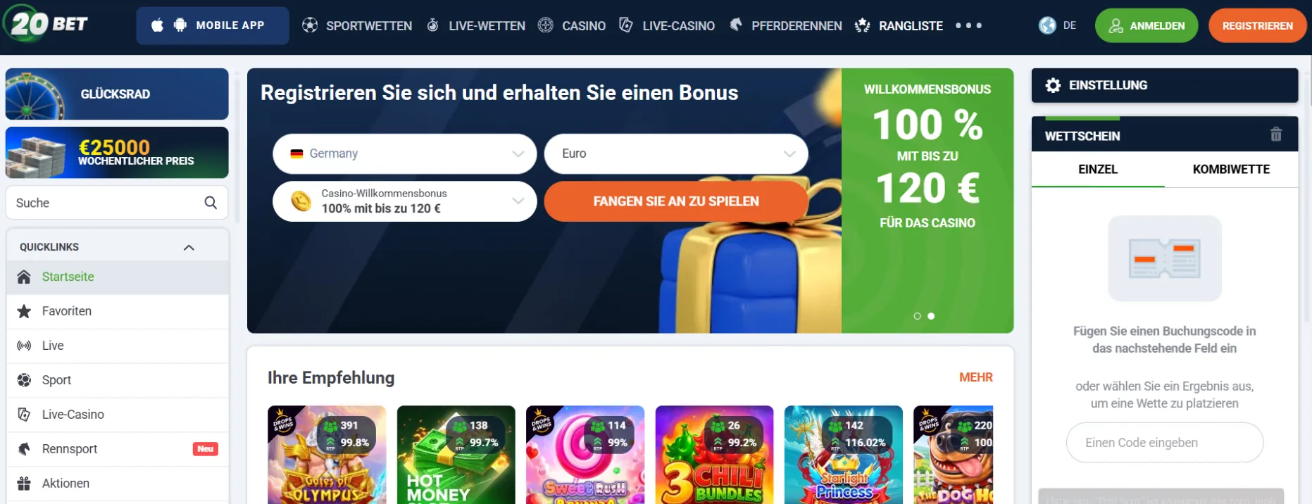 20Bet casino screen
