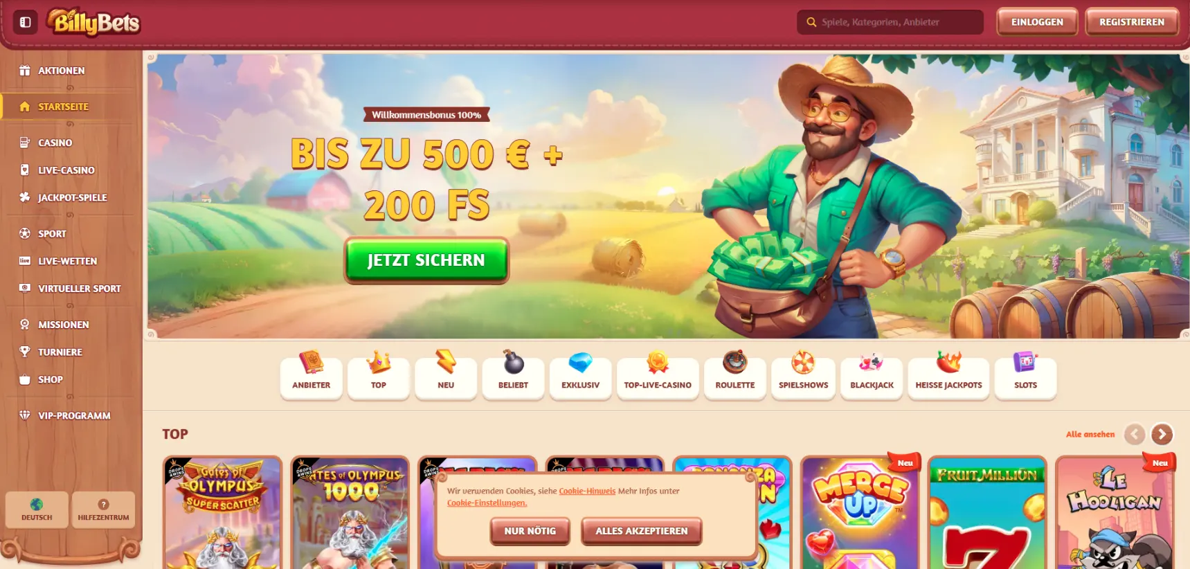 BillyBets casino screen