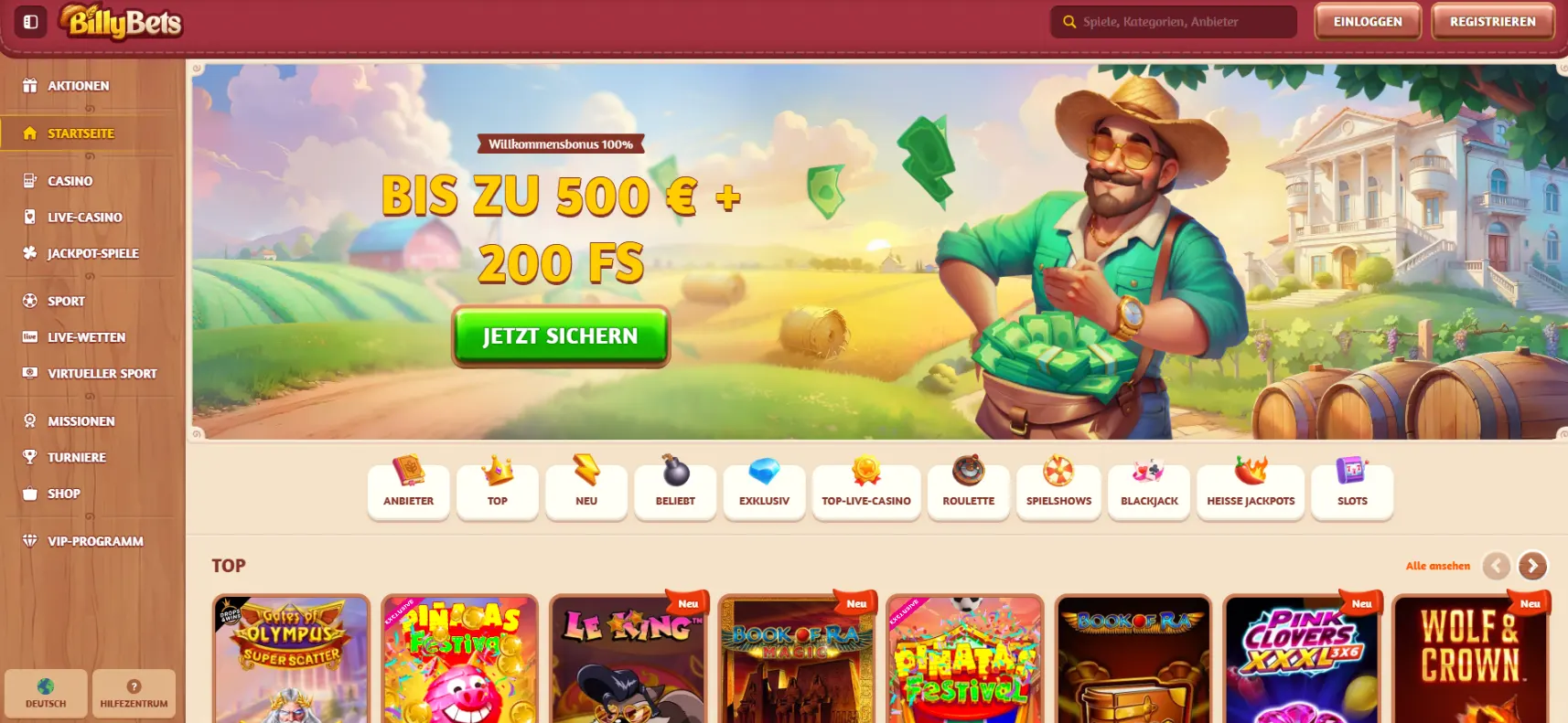 BillyBets casino screen