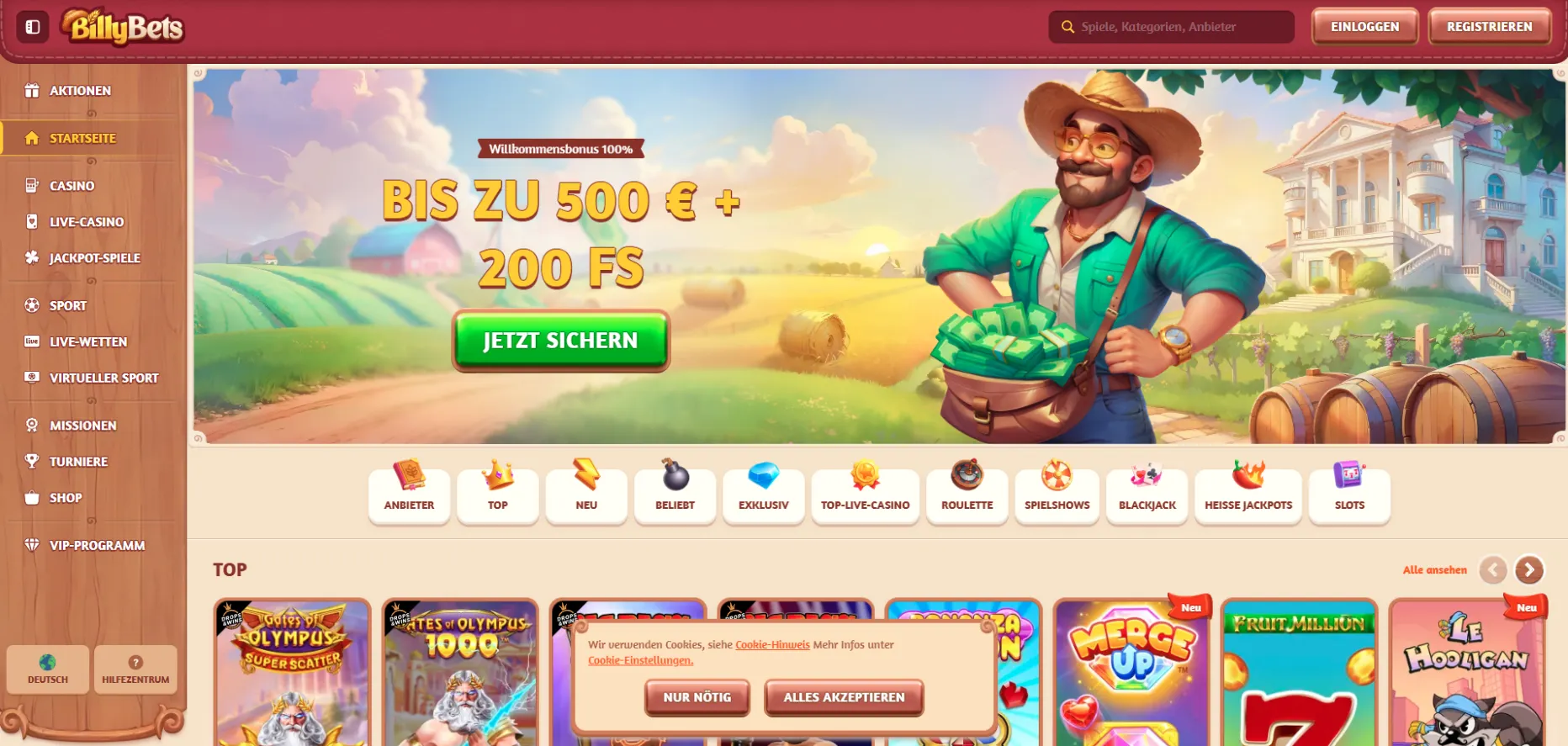 BillyBets casino screen