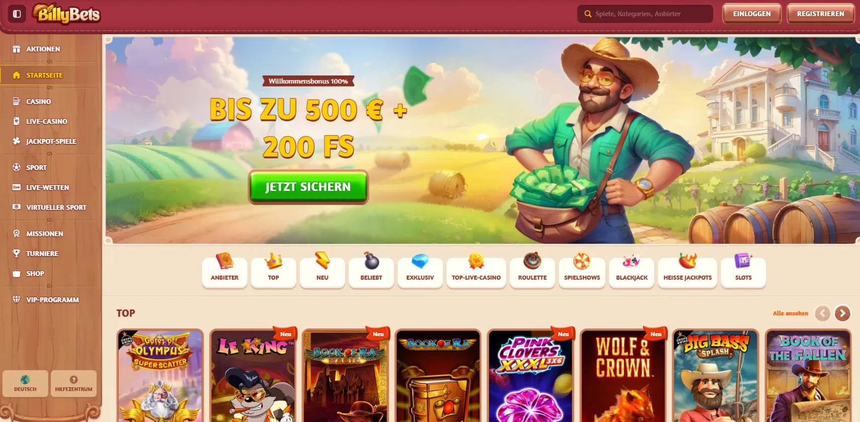 BillyBets casino screen