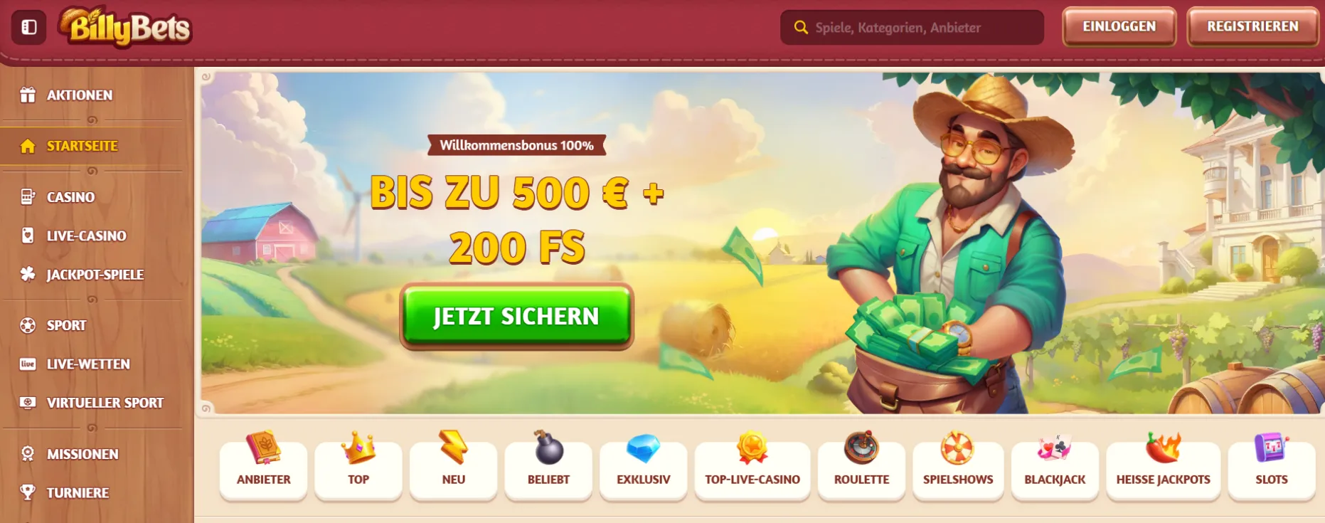 BillyBets casino screen