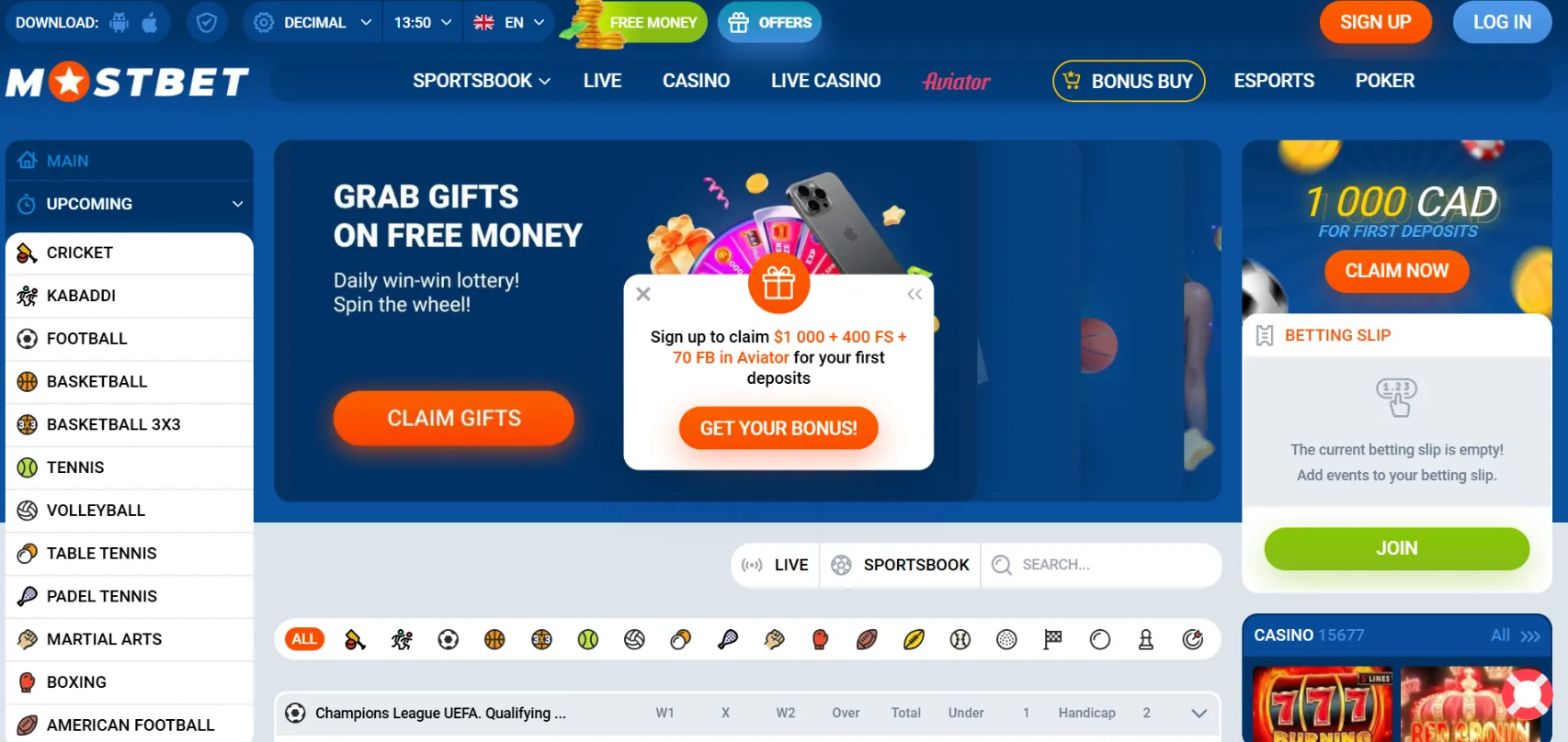 Mostbet casino screen